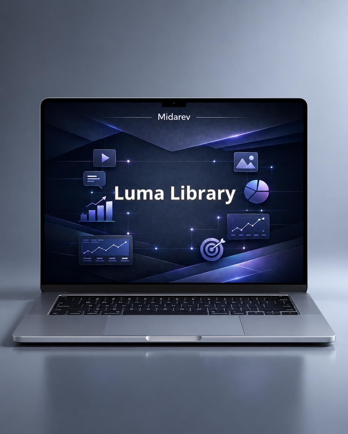 Laptop displaying the Midarev Luma Library interface on a gray background