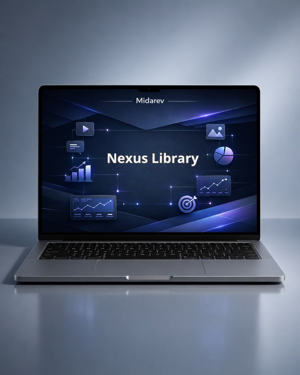 Laptop displaying the 'Nexus Library' interface on a reflective surface with a gradient background