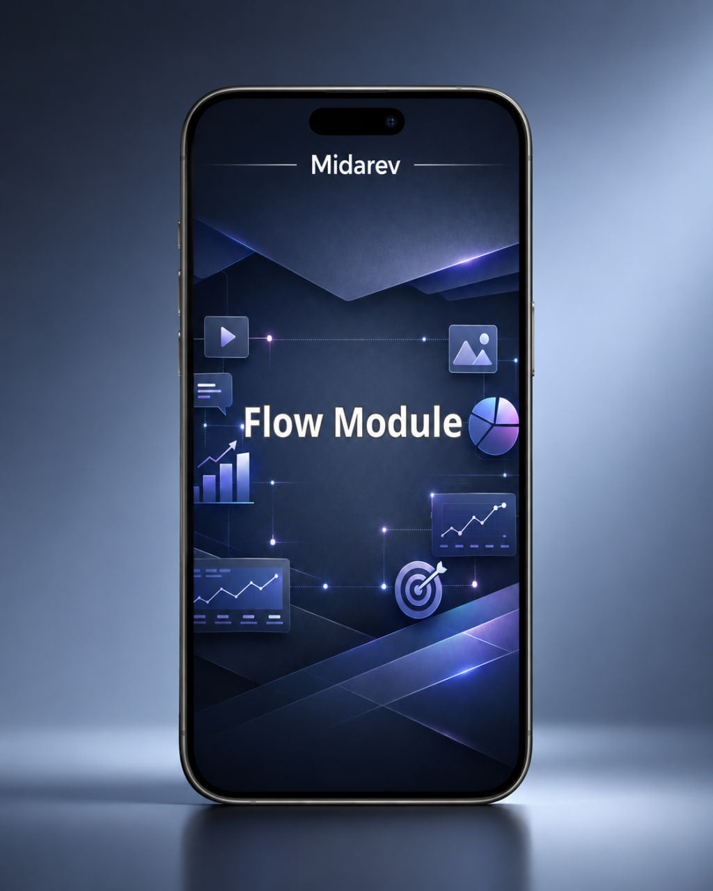 Smartphone displaying the Midarev Flow Module interface on a dark background