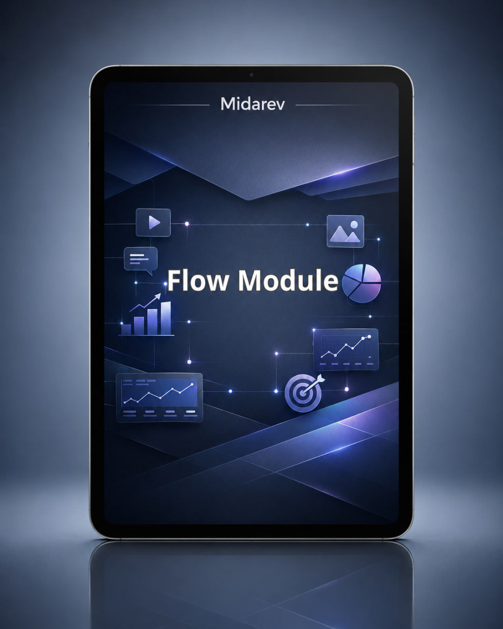 Tablet displaying 'Flow Module' with Midarev branding on a dark background
