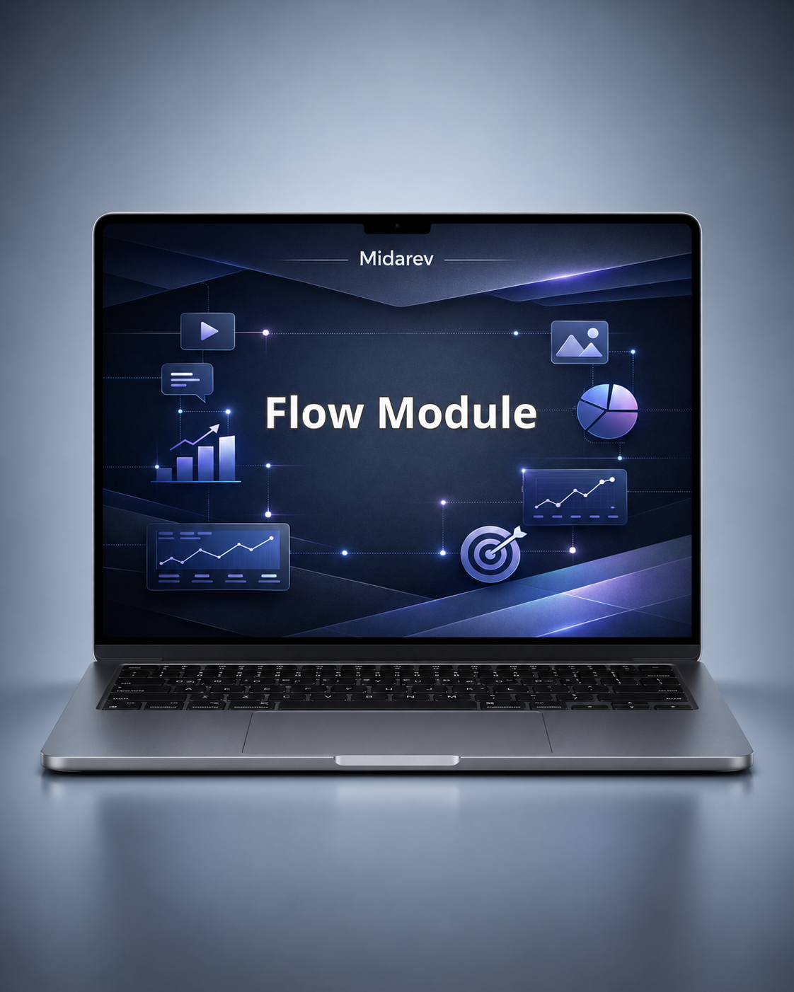 Laptop displaying 'Flow Module' on a dark blue background