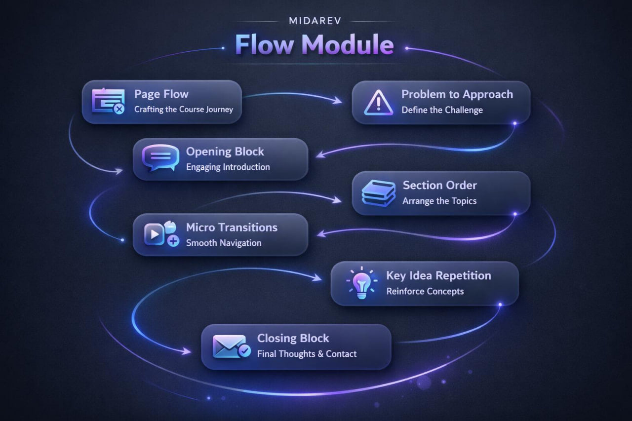 Flow module diagram with steps on a dark background