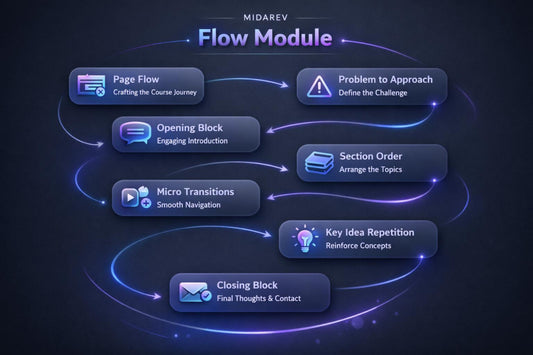 Flow module diagram with steps on a dark background