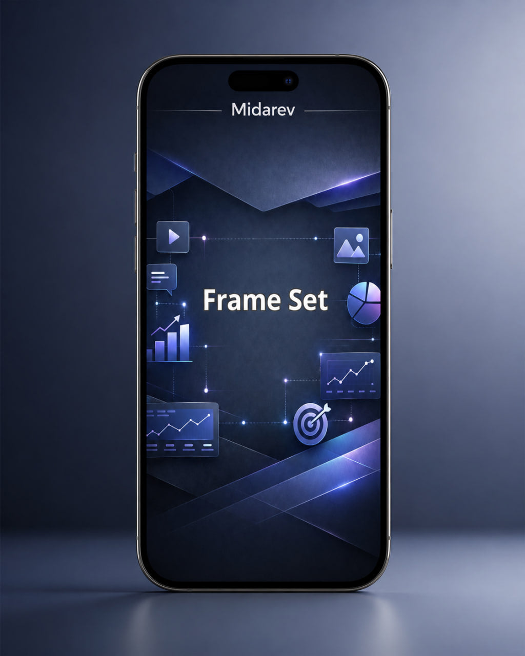 Smartphone displaying a 'Frame Set' app interface with icons on a dark background