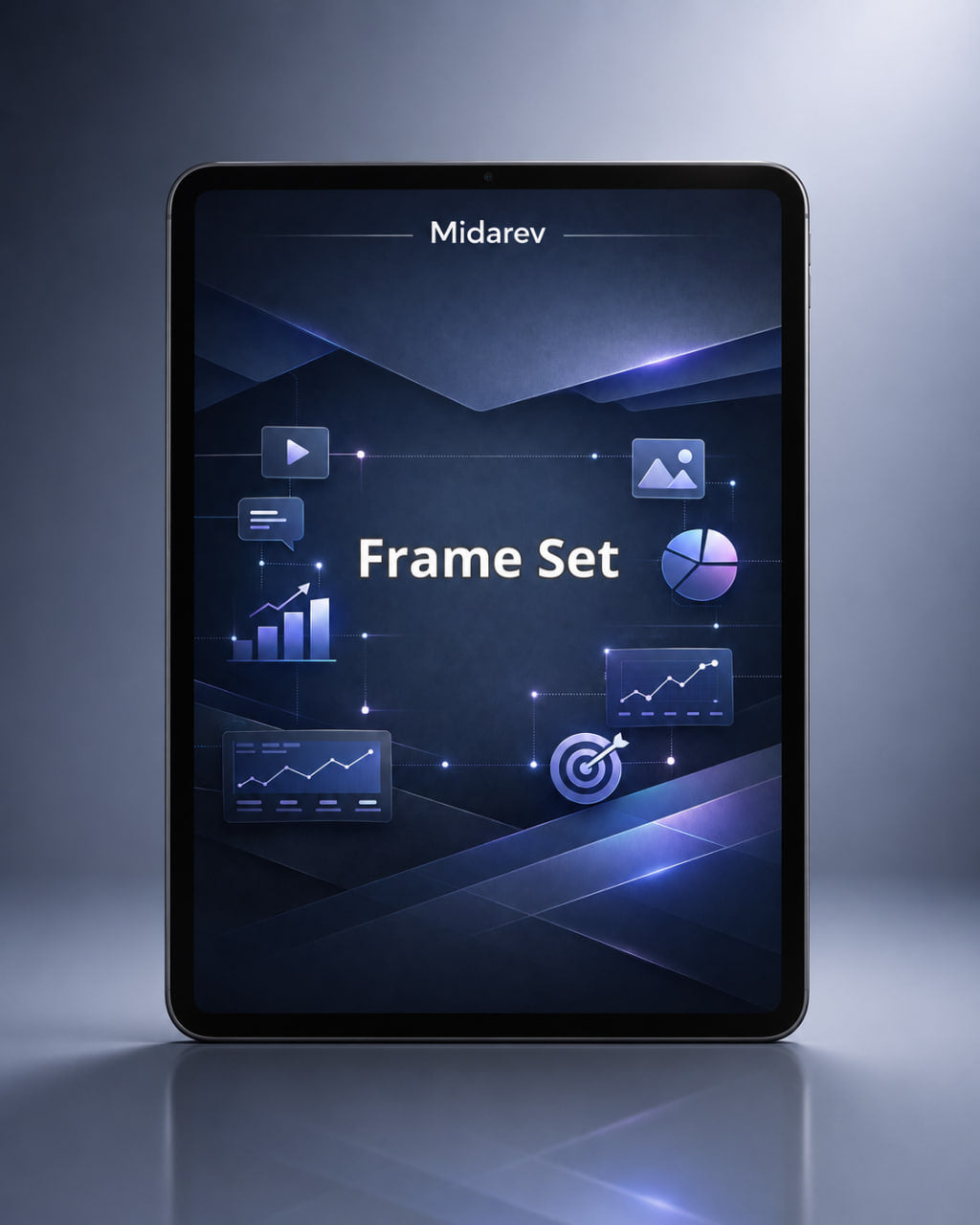 Tablet displaying a 'Frame Set' by Midarev on a dark background