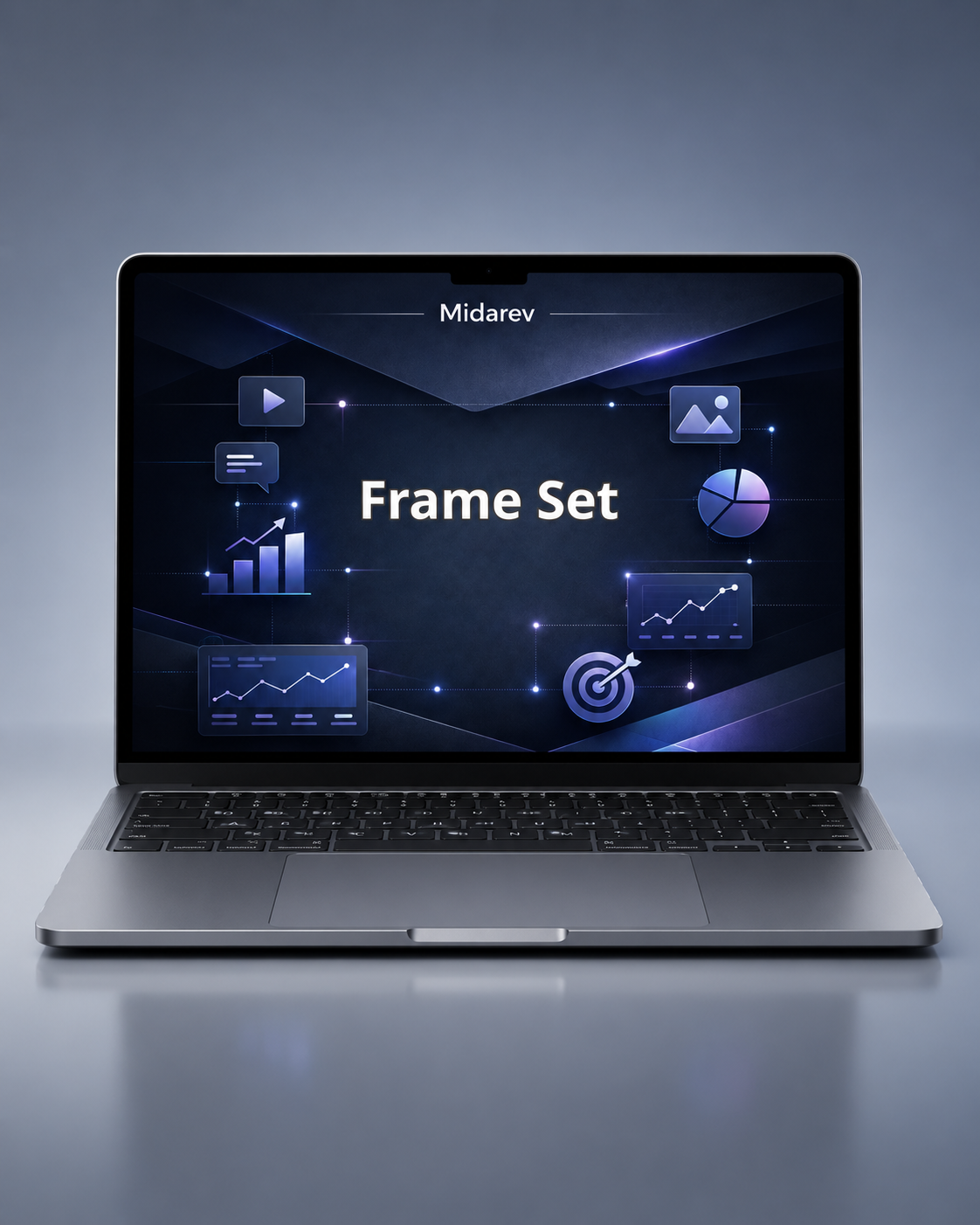 Laptop displaying a 'Midarev Frame Set' on a dark background