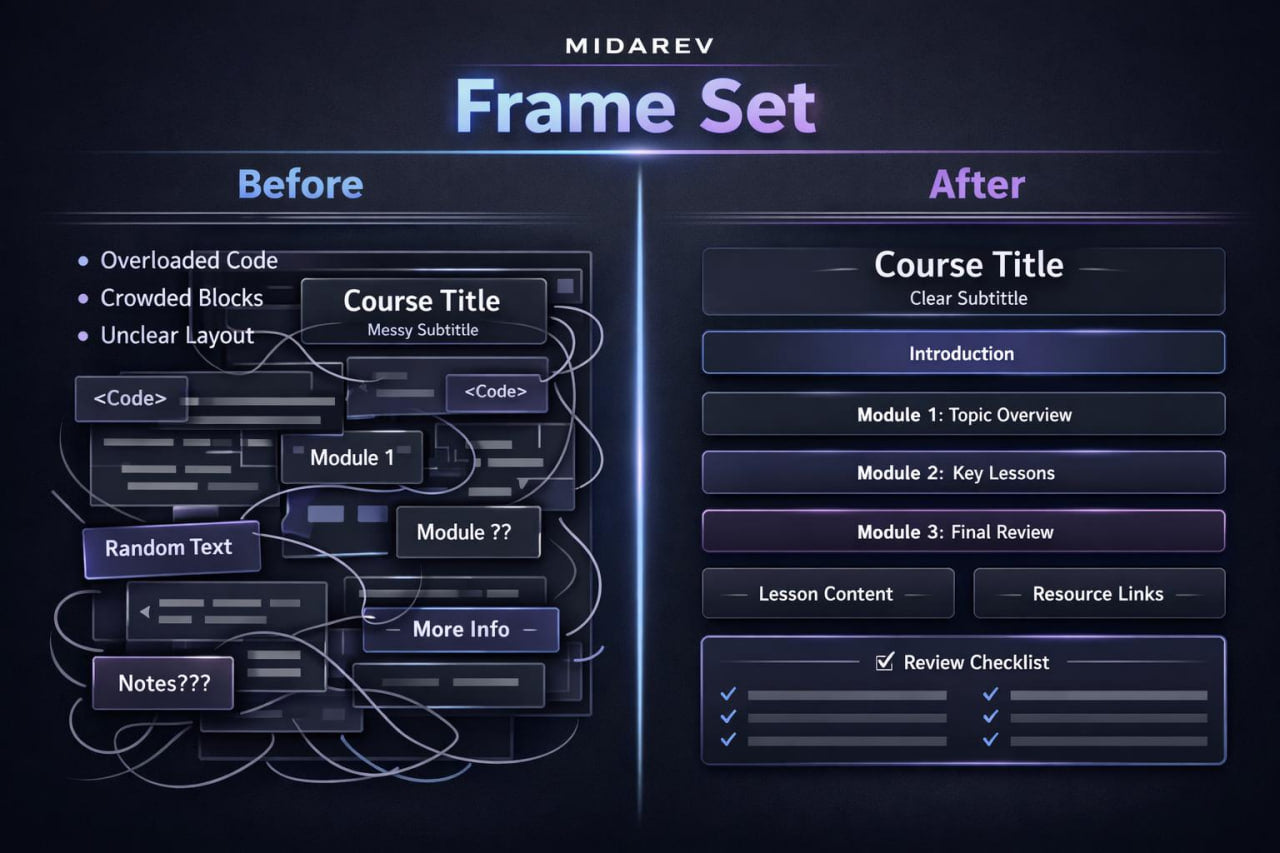 Comparison of 'Before' and 'After' design for a course layout with Midarev branding.