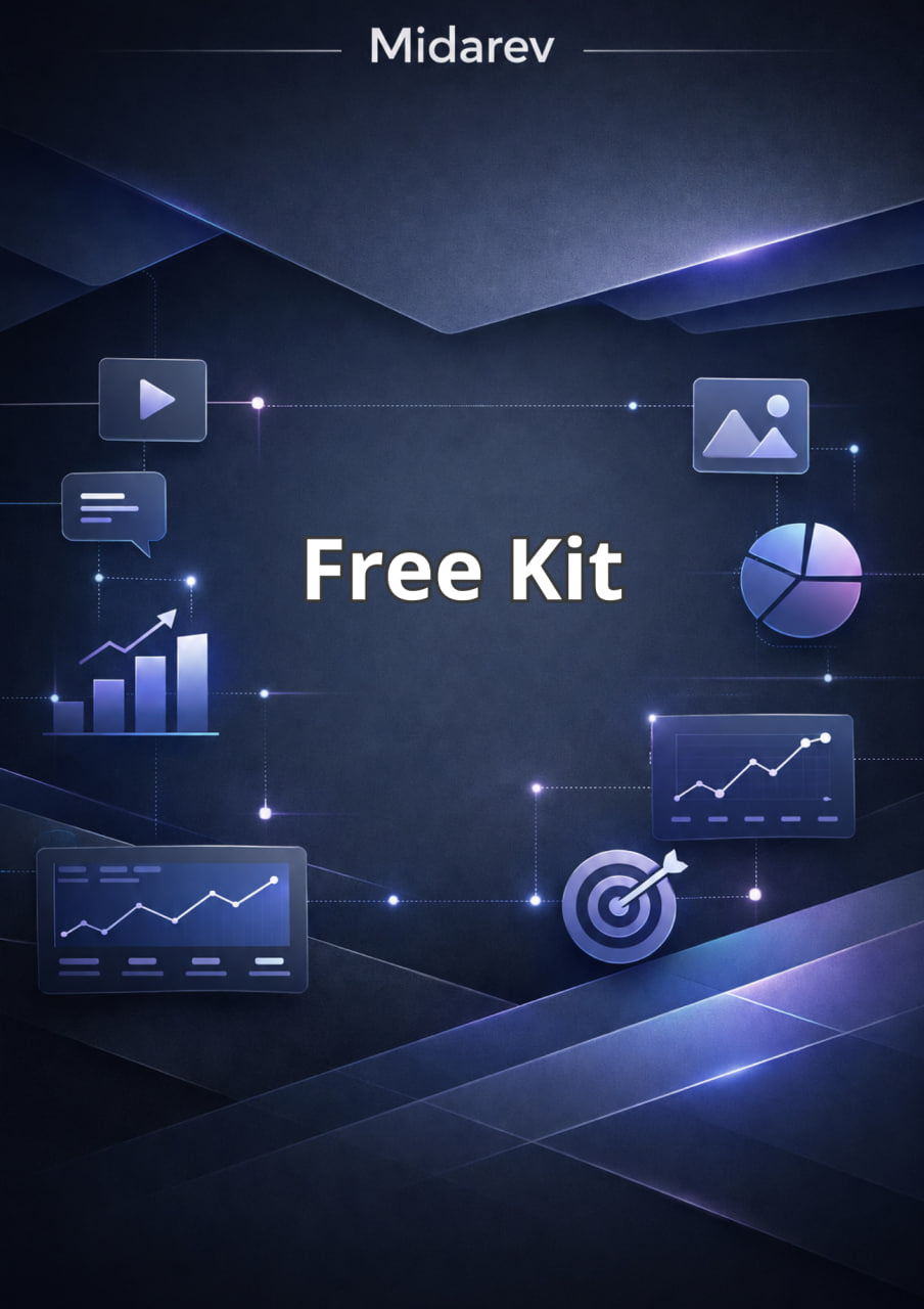 Promotional image for a free kit by Midarev with digital icons on a dark background.