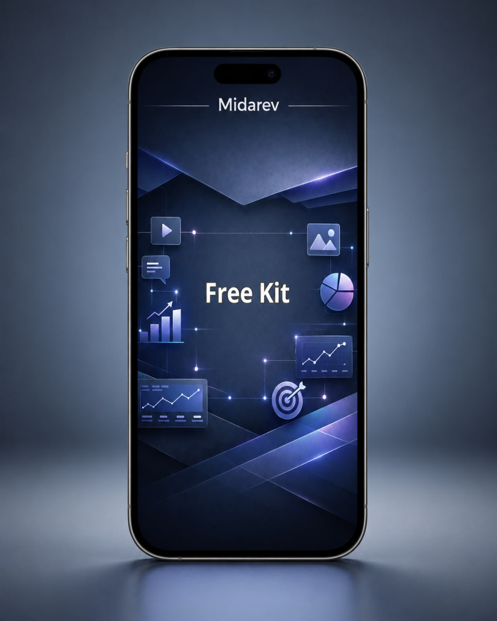 Smartphone displaying a 'Free Kit' offer with Midarev branding on a dark gradient background