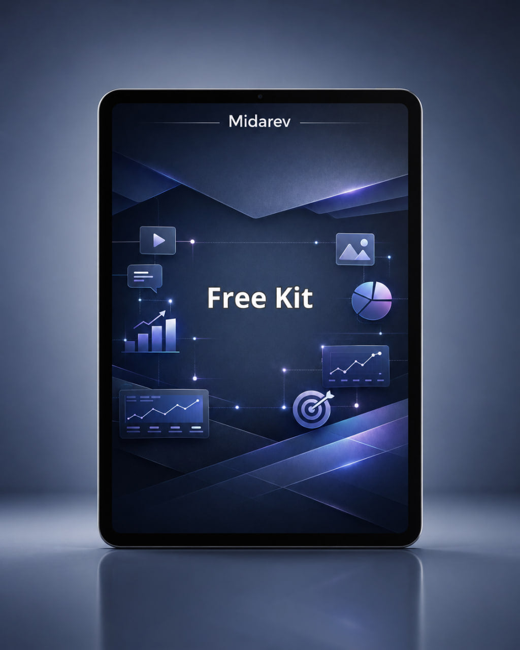 Tablet displaying a 'Free Kit' by Midarev on a dark blue background