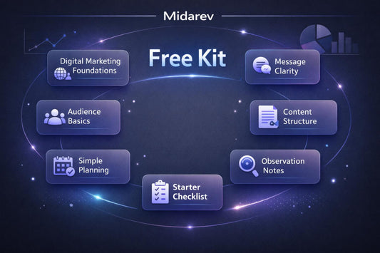 Midarev Free Kit with digital marketing topics on a dark background