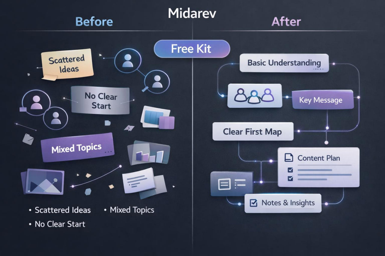 Comparison of 'Before' and 'After' with Midarev Free Kit on a dark background