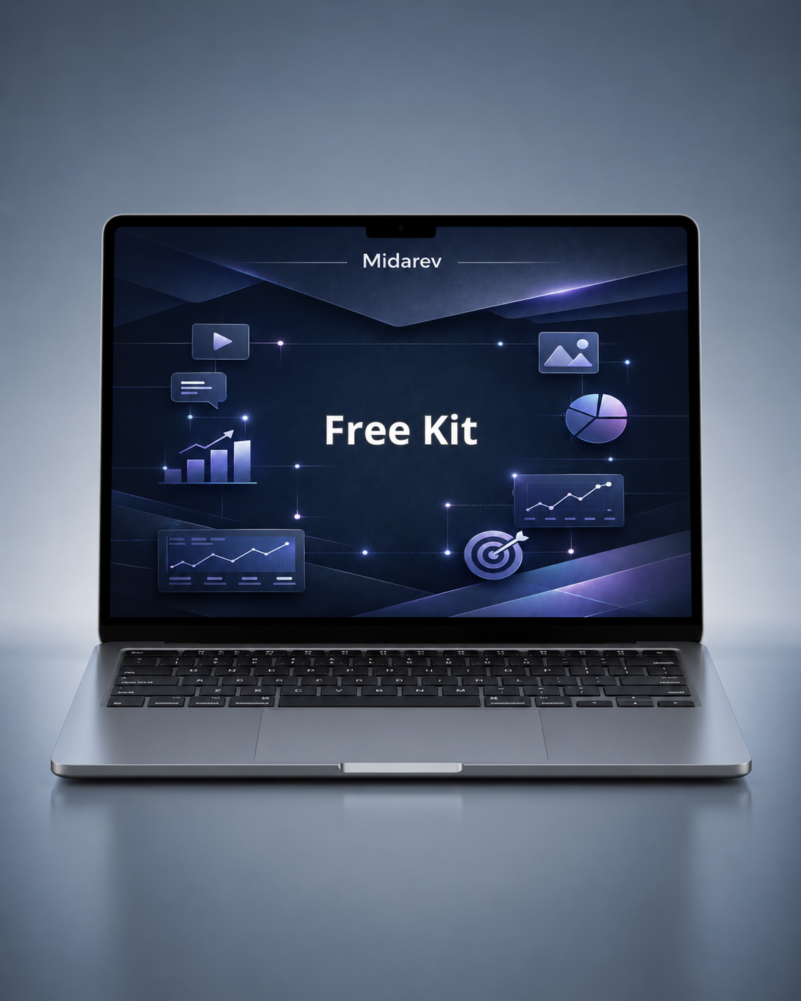 Laptop displaying a software interface with 'Free Kit' text on a gradient blue background