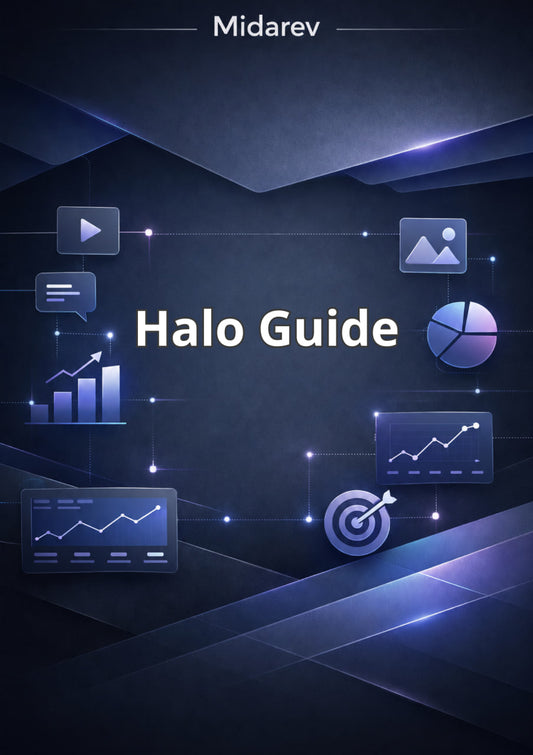 Halo Guide cover with icons and 'Midarev' branding on a dark blue background