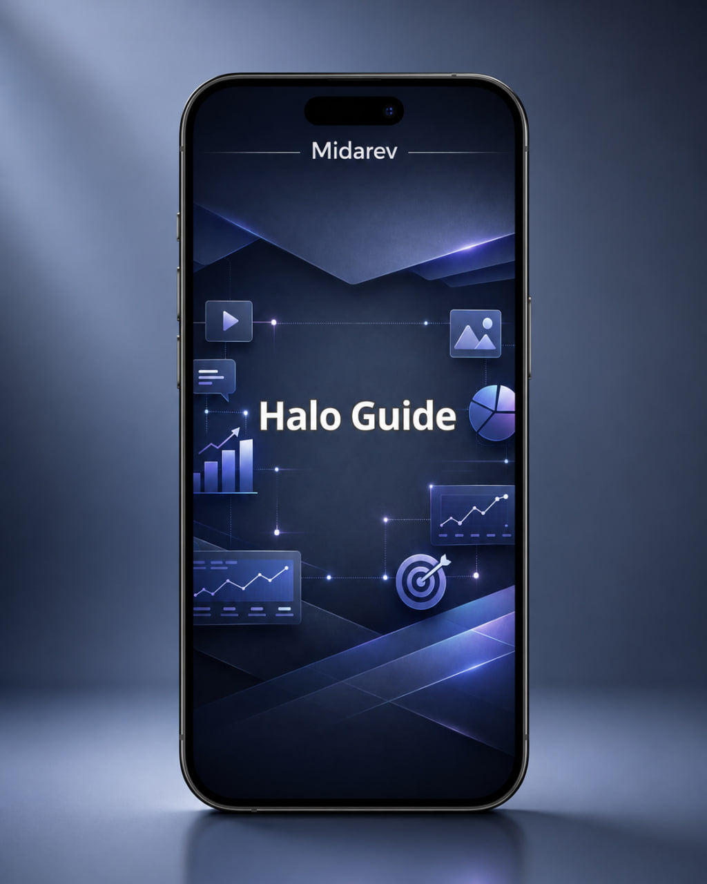 Smartphone displaying the 'Halo Guide' app on a dark blue gradient background