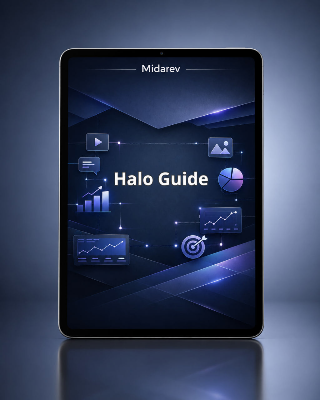 Tablet displaying the Midarev Halo Guide with various icons on a dark background