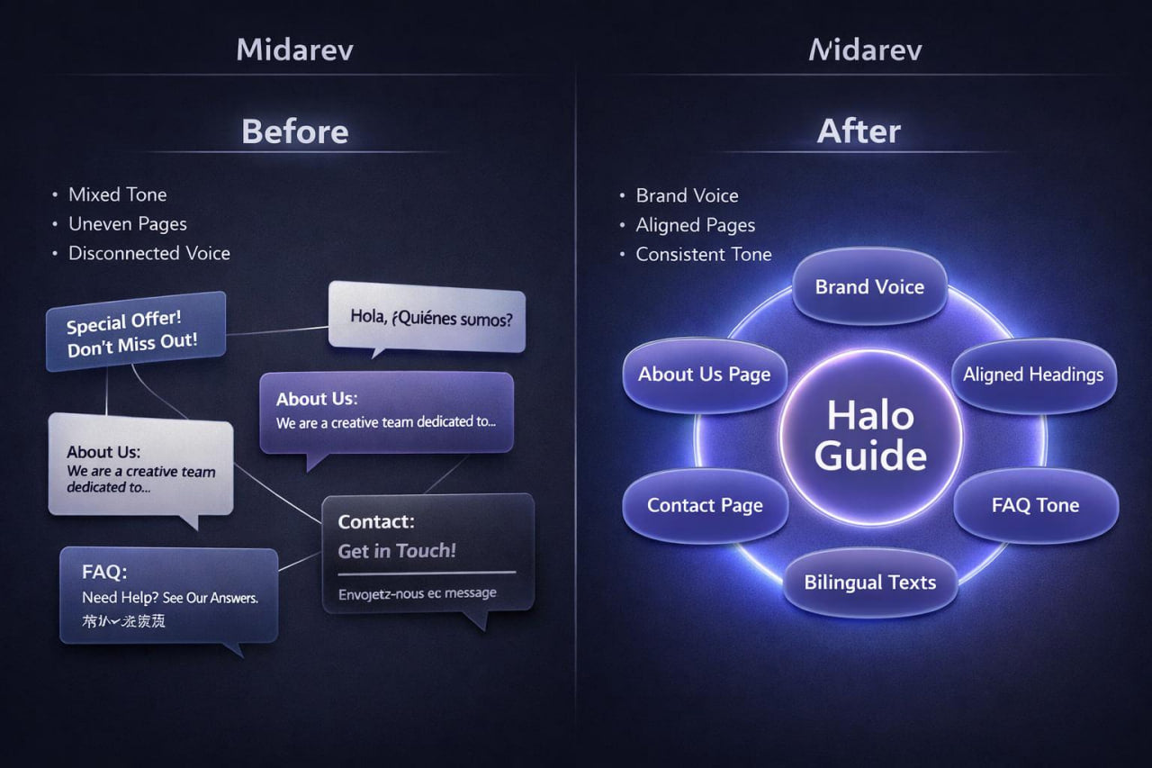 Comparison of 'Before' and 'After' design for Midarev website layout.