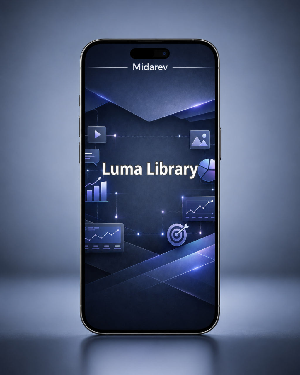 Smartphone displaying the Luma Library app interface on a dark blue gradient background