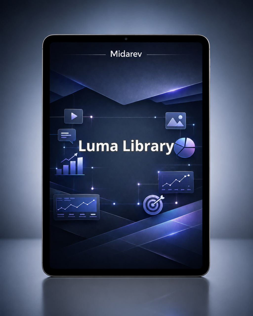 Tablet displaying the Luma Library app with a dark blue gradient background