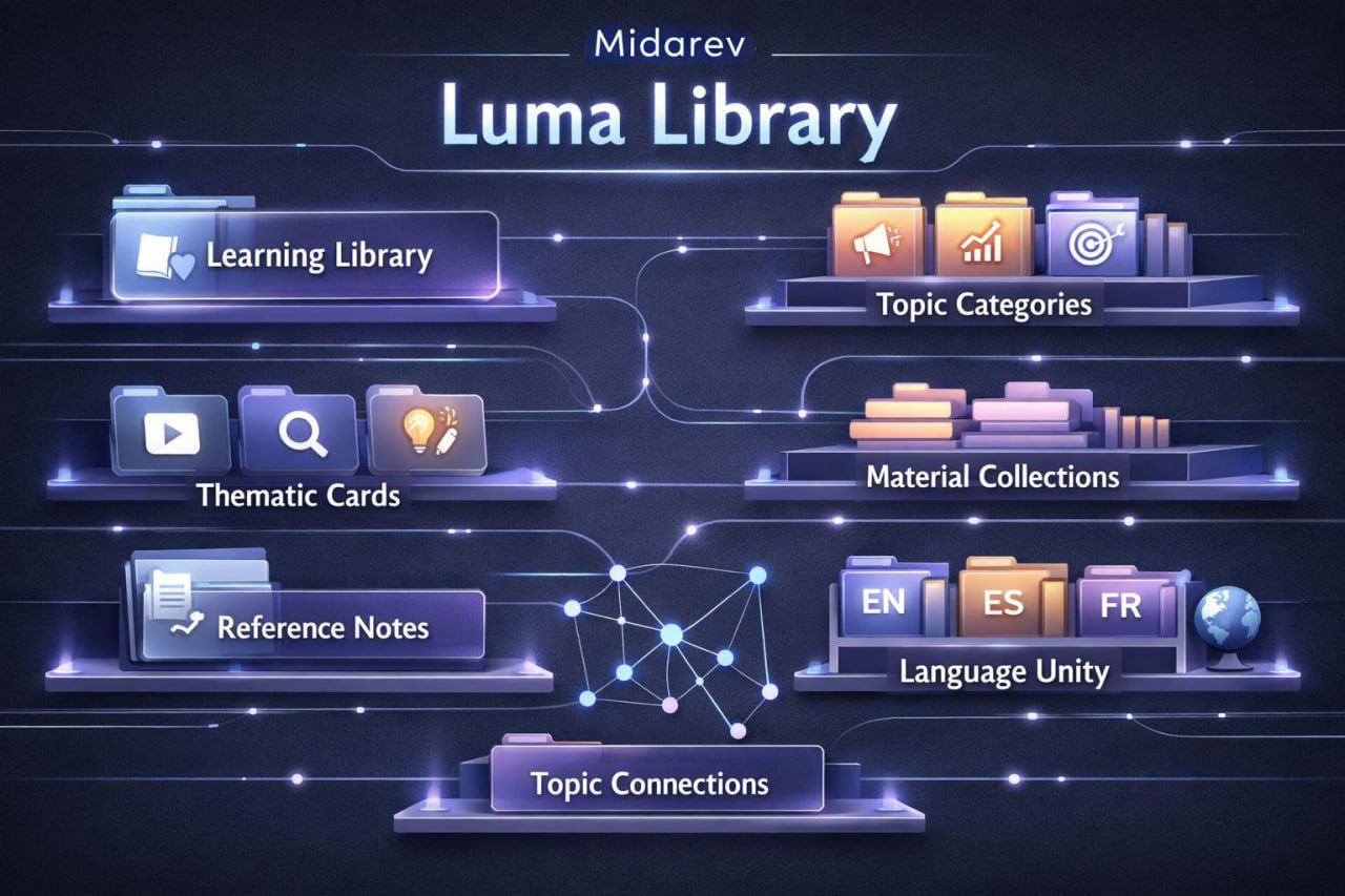 Diagram of the Midarev Luma Library with various categories and features on a dark background.