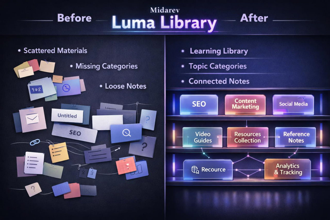 Comparison of a disorganized collection of notes on the left with a well-organized 'Luma Library' on the right, featuring categories like SEO, Content Marketing, and Social Media.