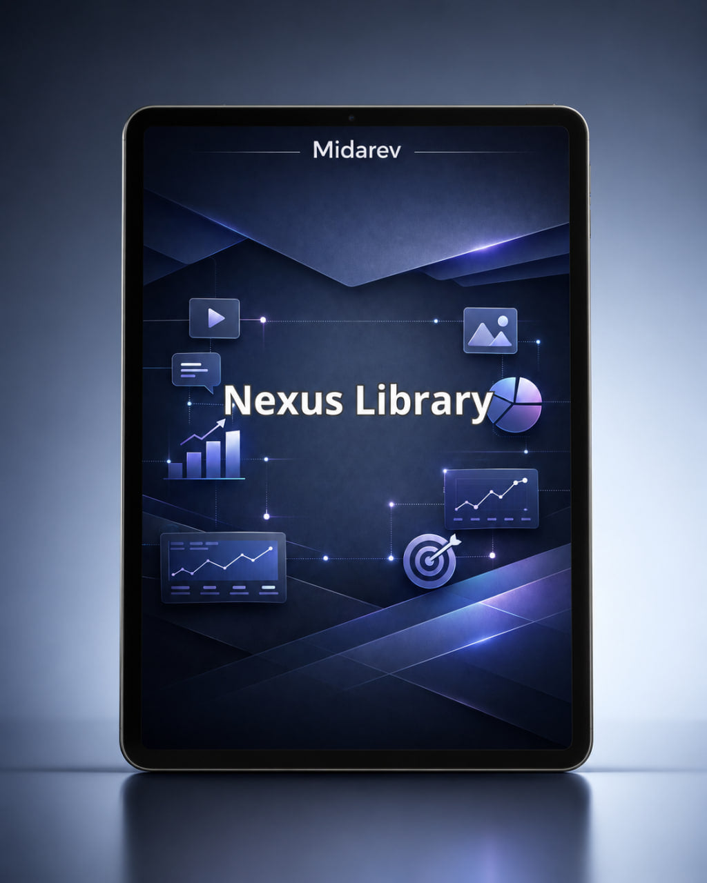 Tablet displaying the Midarev Nexus Library interface on a dark background
