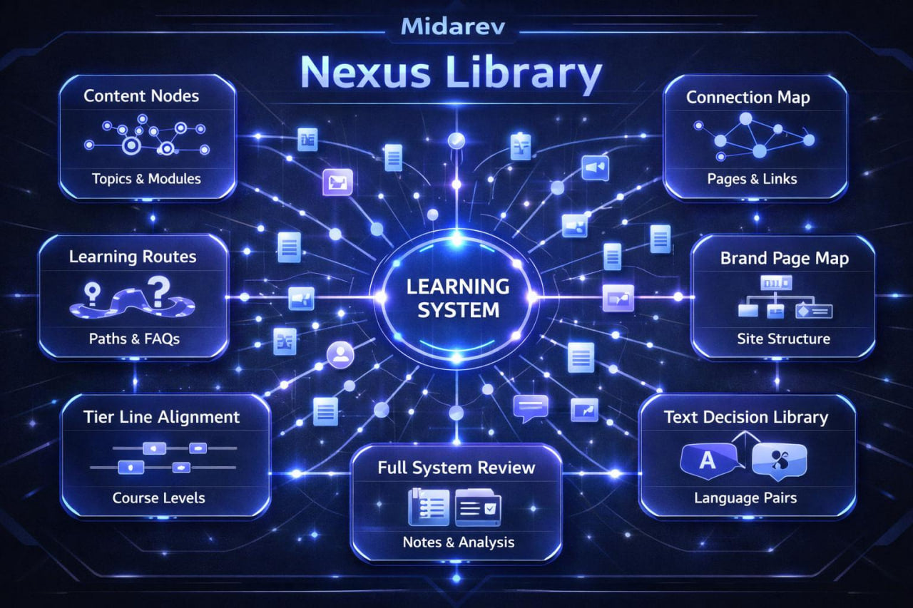 Diagram of a learning system with various components labeled, featuring the brand 'Midarev' and 'Nexus Library'.