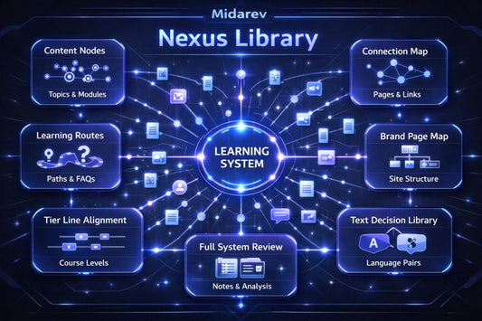 Diagram of a learning system with various components labeled, featuring the brand 'Midarev' and 'Nexus Library'.