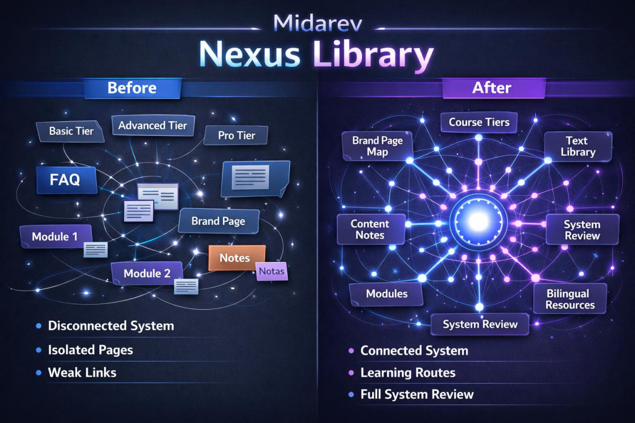 Comparison of 'Before' and 'After' designs for Midarev Nexus Library with visual elements and text.