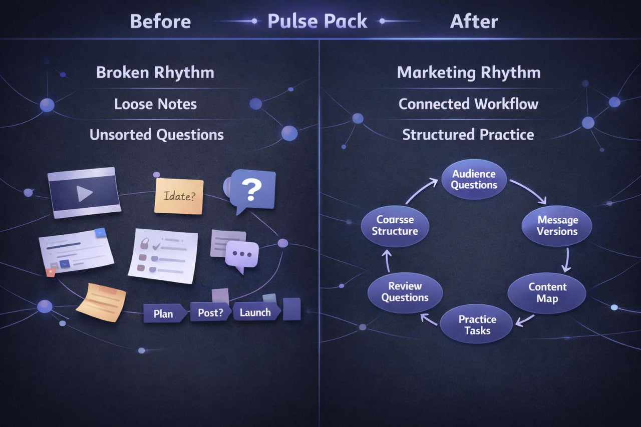 Diagram showing a transformation from 'Before' to 'Pulse Pack' to 'After' with workflow improvements.