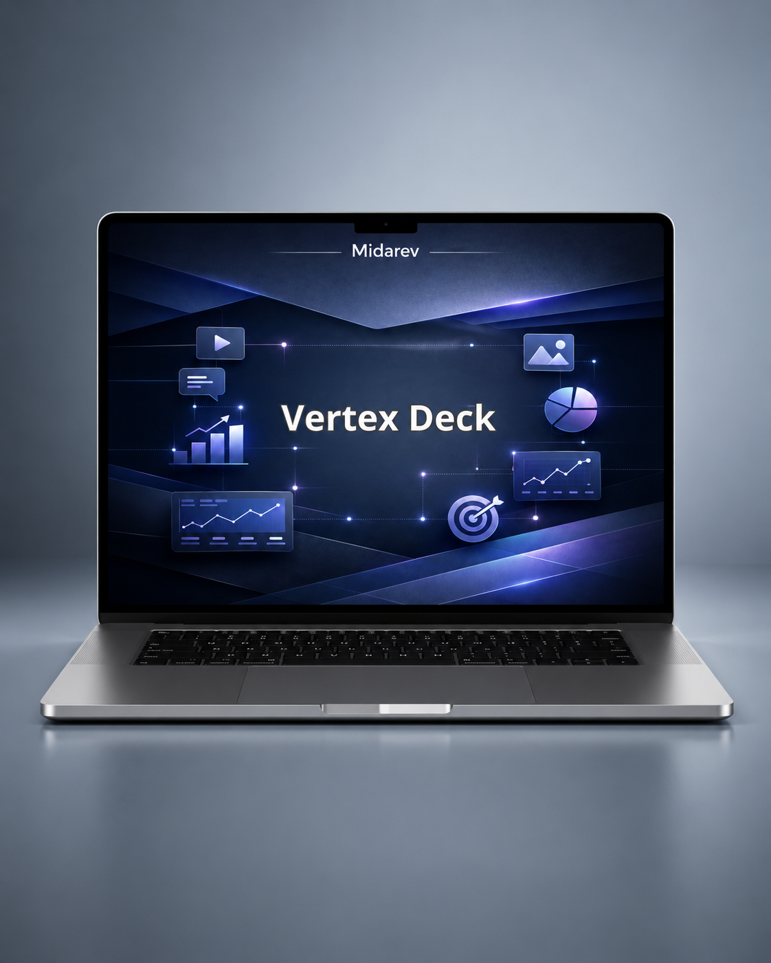 Laptop displaying the 'Vertex Deck' software on a gradient background