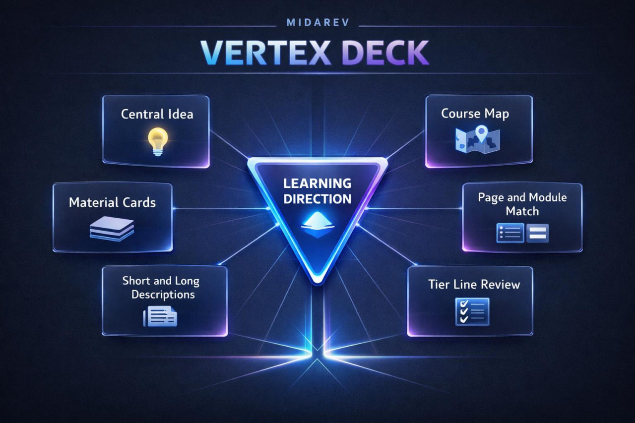 Diagram of the Midarev Vertex Deck with various components on a dark background