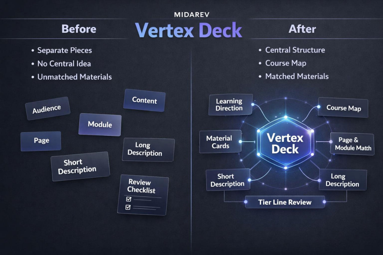 Comparison of 'Before' and 'After' states of a 'Vertex Deck' system with text and icons on a dark background.