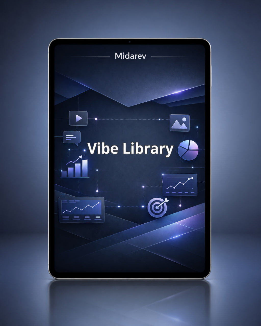 Tablet displaying the 'Vibe Library' app interface with 'Midarev' branding on a dark background.