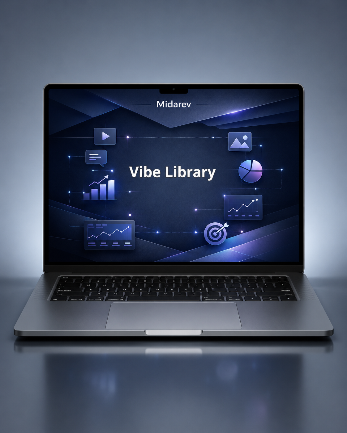 Laptop displaying 'Vibe Library' on a dark background