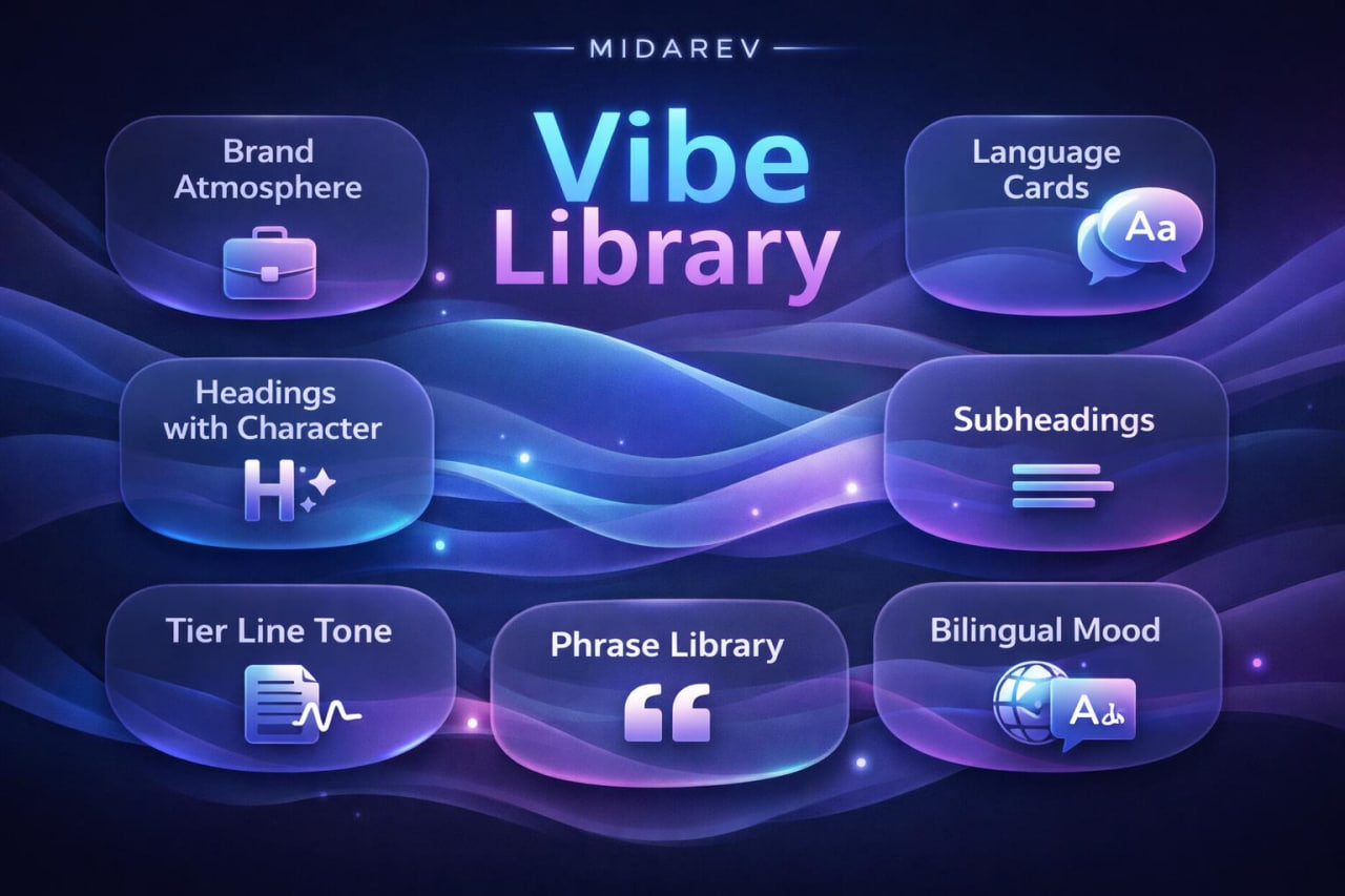 Vibe Library by Midarev with various design elements on a dark background
