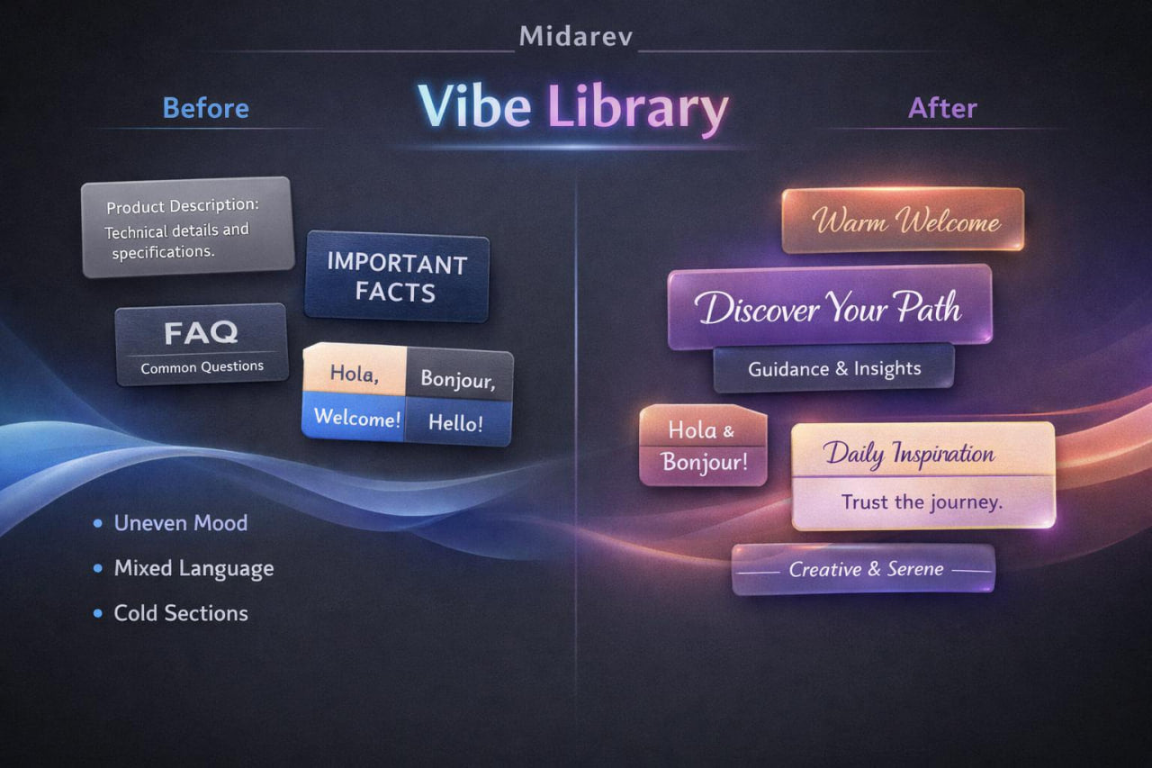 Comparison of 'Before' and 'After' design changes in a Vibe Library interface.