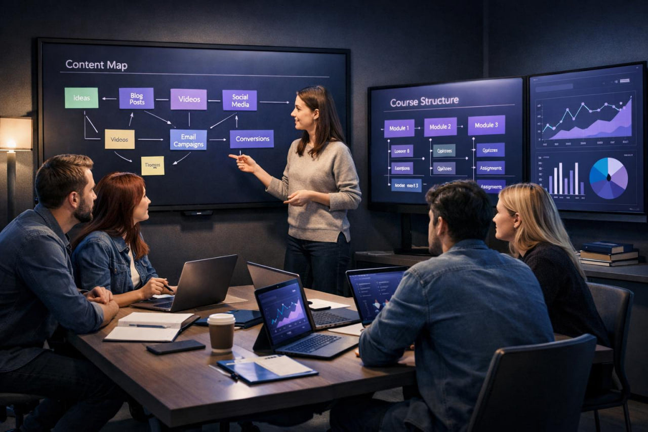 Group of people in a classroom setting with a presenter pointing at a large screen displaying a content map.