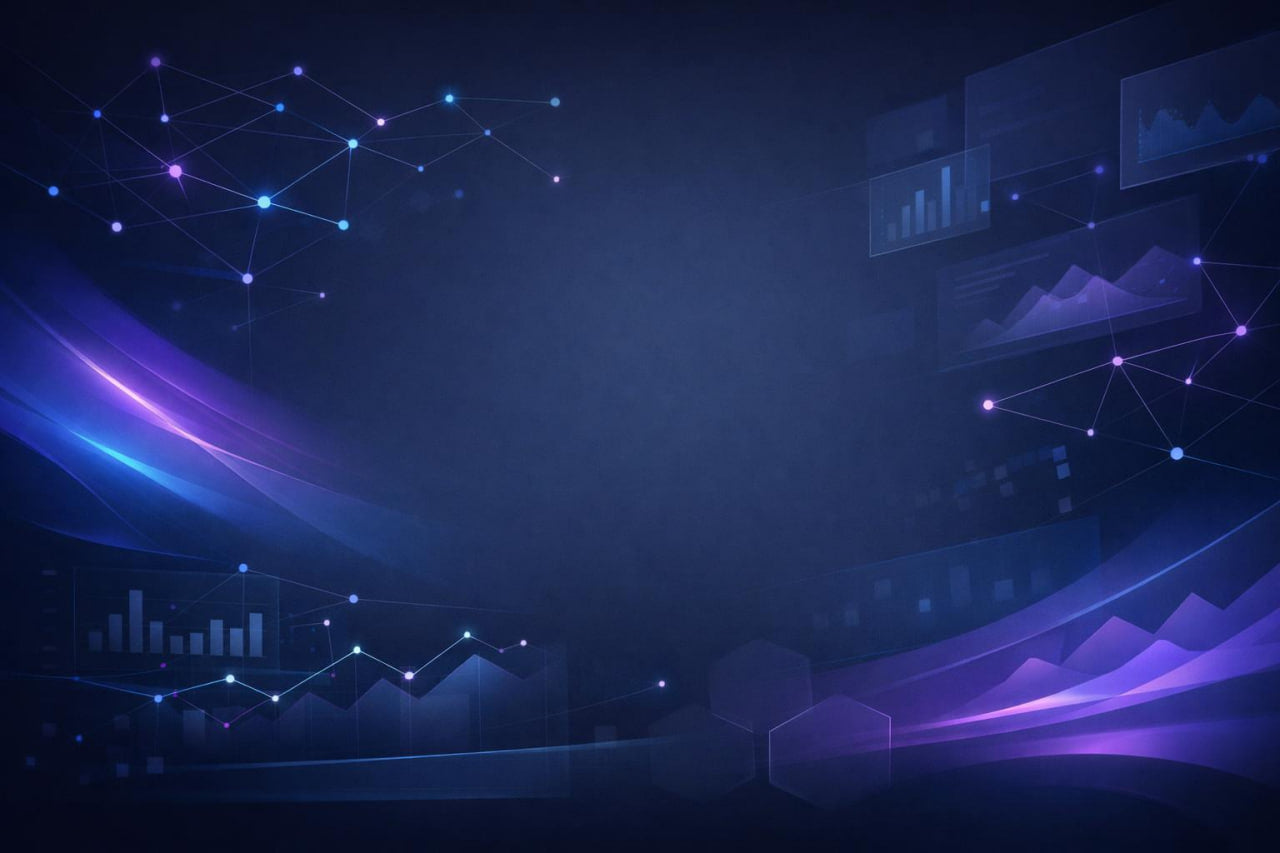 Futuristic digital background with blue and purple hues, abstract shapes, and data elements.