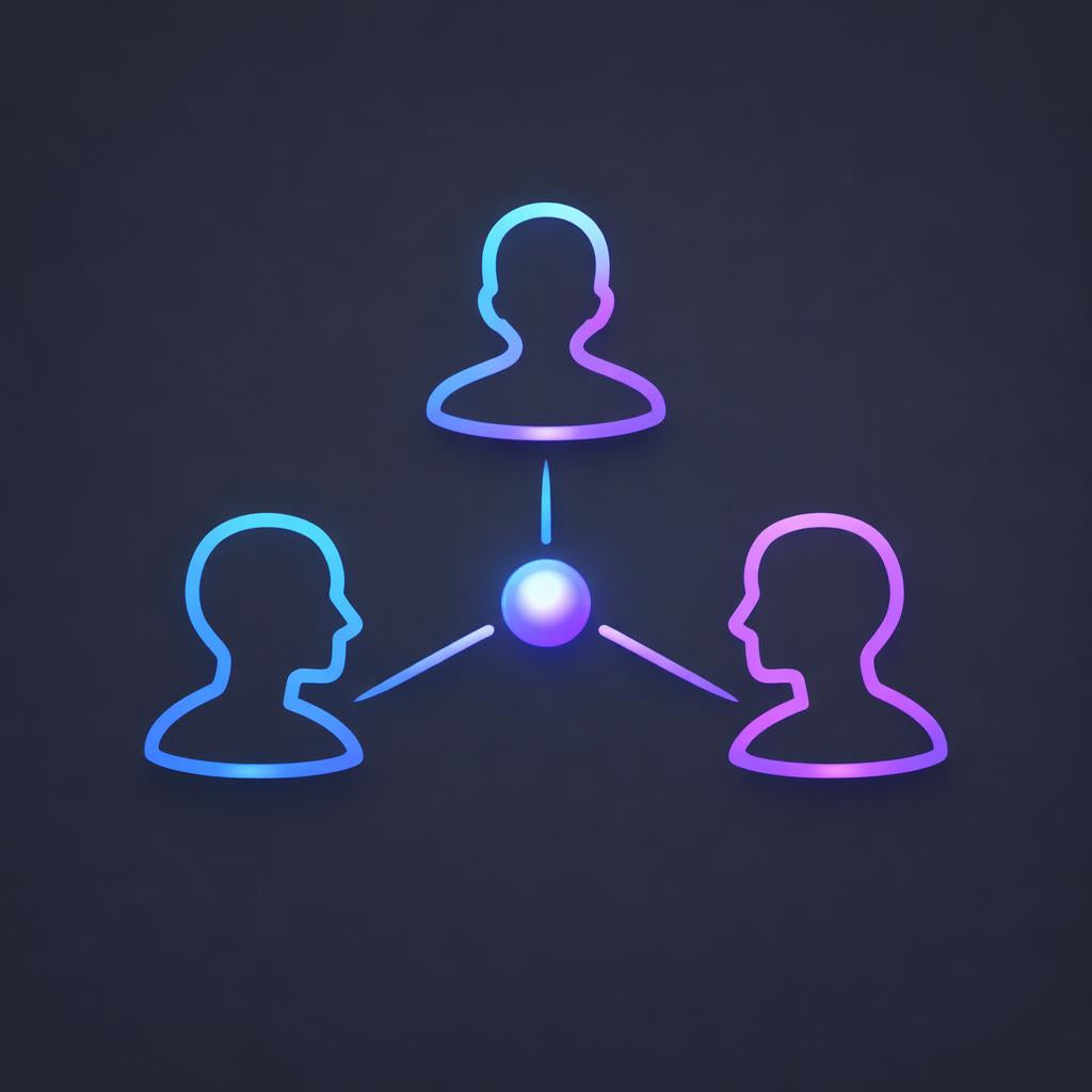 Neon outline of three people connected by a central node on a dark background