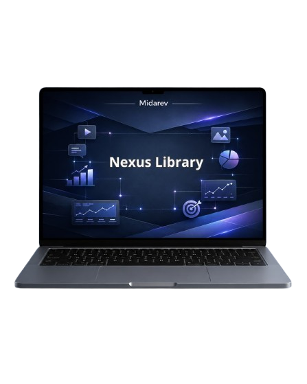 Laptop displaying 'Nexus Library' on a white background